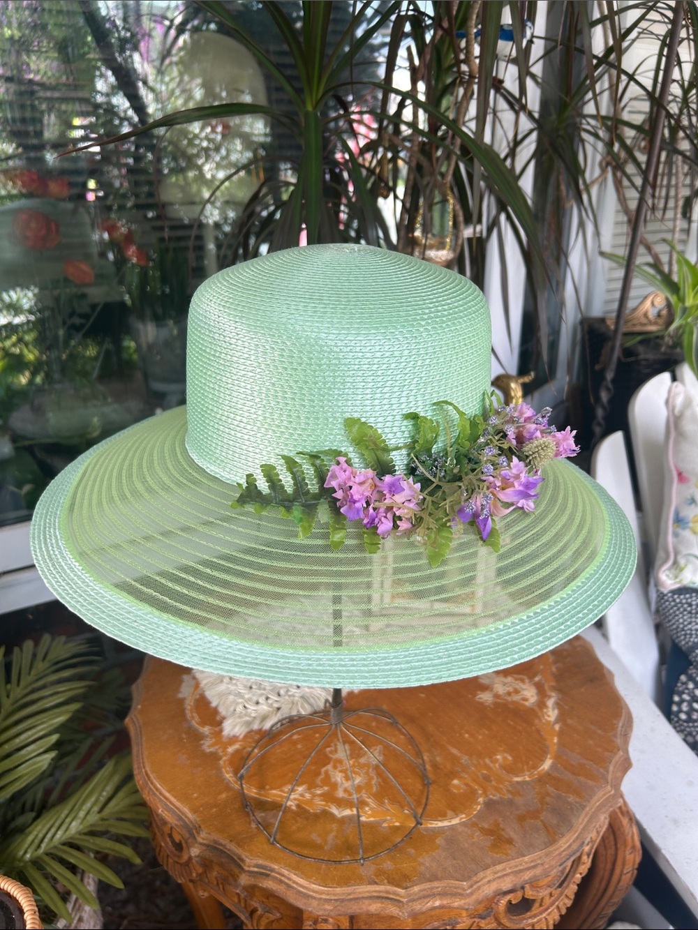 Vintage Wide Brim Mint Floral Derby Hat